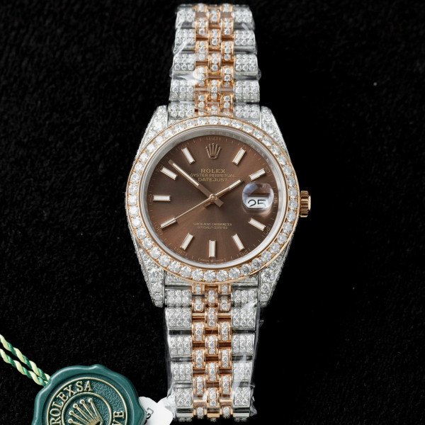 Rolex Datejust 41 Two Tone Chocolate Dial 18K Gold Plated Iced Out Moissanite Best Replica 41mm