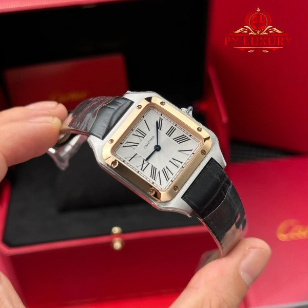 Cartier Santos Dumont CRW2SA0011 Two Tone Silver Dial Leather Strap Replica 38mm x 27.5mm