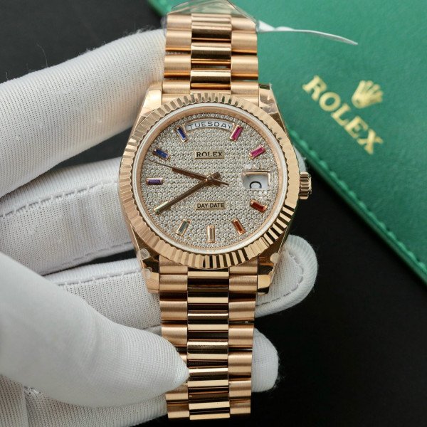Rolex Day-Date 40 228235 Rose Gold Custom Moissanite Rainbow Dial Best Replica