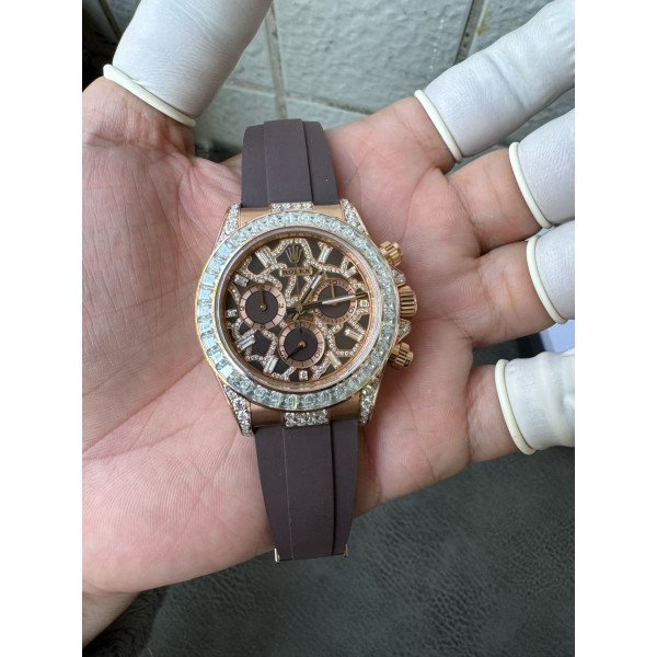 Rolex Daytona 126555TBR Giraffe Rose Gold Chestnut Brown Diamond Dial Diamond Bezel Custom Moissanite 40mm