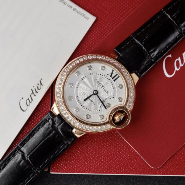 Cartier Ballon Bleu Rose Gold White Diamond Dial Diamond Bezel Leather Replica 36mm