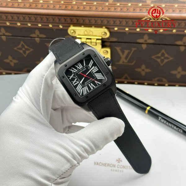 Cartier Santos 100 XL Black ADLC Black Dial Leather Strap Best Replica 43 x 51mm
