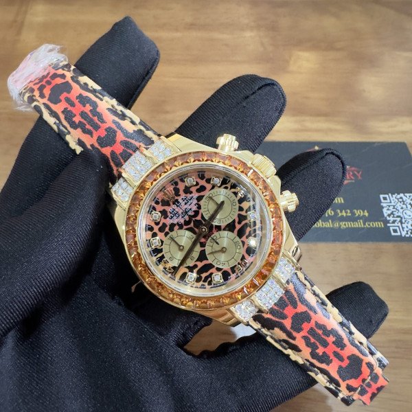 Rolex Daytona Leopard Custom 18K Yellow Gold Plated with Moissanite & Orange Sapphire Bezel 1:1 Super Clone 40mm