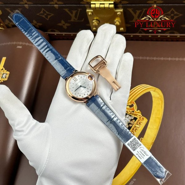 Cartier Ballon Bleu WGBB0052 Rose Gold Silvered Stone-set Dial Blue Leather Strap Best Replica AF 33mm