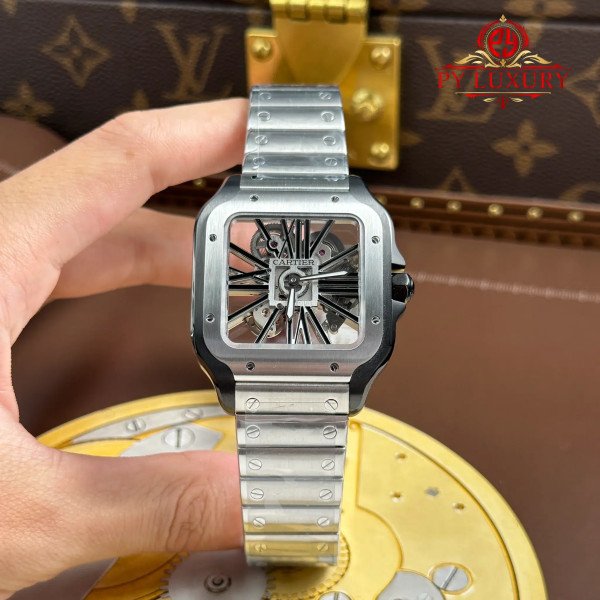 Cartier Santos Skeleton Steel & Black ADLC Watch WHSA0027 1:1 Super Clone MLF 39.8mm