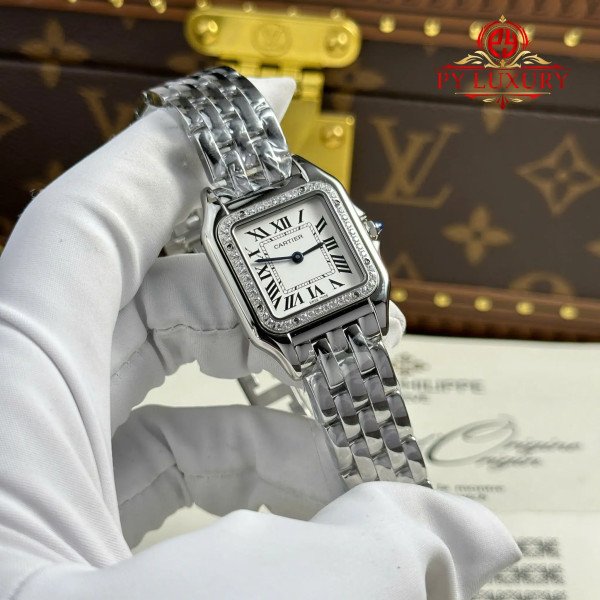 Cartier Panthère Steel Ladies White Dial Diamond Bezel Best Replica 27mm x 36mm
