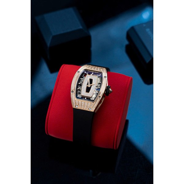 Richard Mille RM07-01 Rose Gold Diamonds Onyz Dial Rubber Strap 1:1 Super Clone ZF 45.32 x 32.3mm