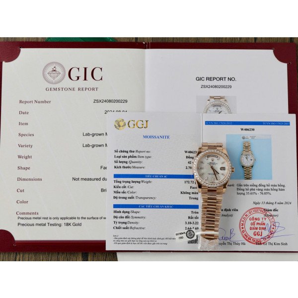 Rolex Day-Date 228345RBR-0026 MOP Baguette Dial 18K Rose Gold Wrapped Moissanite Bezel GMF V3 Best Replica 40mm