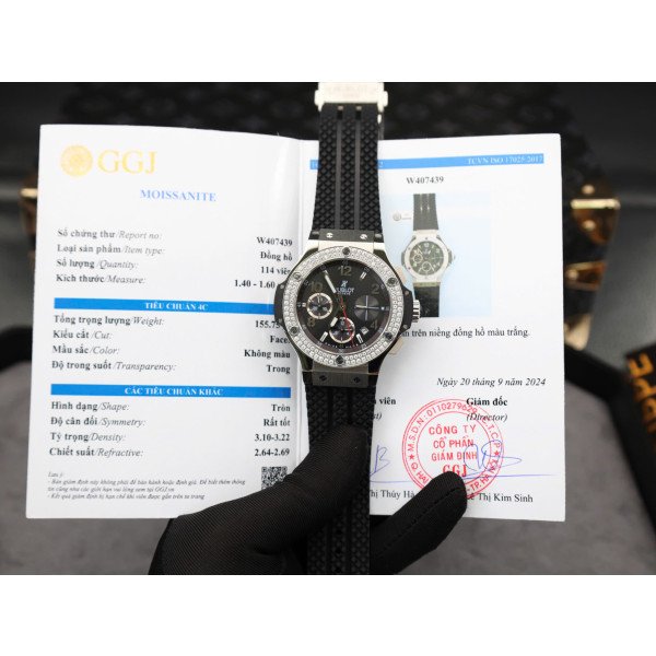 Hublot Big Bang Chronograph Steel Black Dial Custom Moissanite Bezel Replica 41mm
