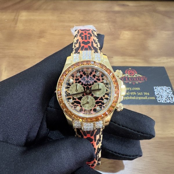 Rolex Daytona Leopard Custom 18K Yellow Gold Plated with Moissanite & Orange Sapphire Bezel 1:1 Super Clone 40mm