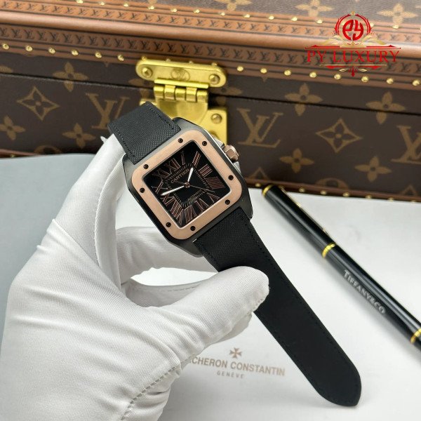 Cartier Santos 100 XL Black DLC Rose Gold Black Leather Strap Best Replica 43 x 51mm