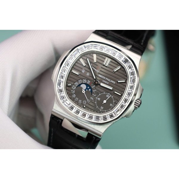 Patek Philippe Nautilus 5712G Grey Dial Baguette Stone Bezel Full Functions PPF Best Replica 40mm