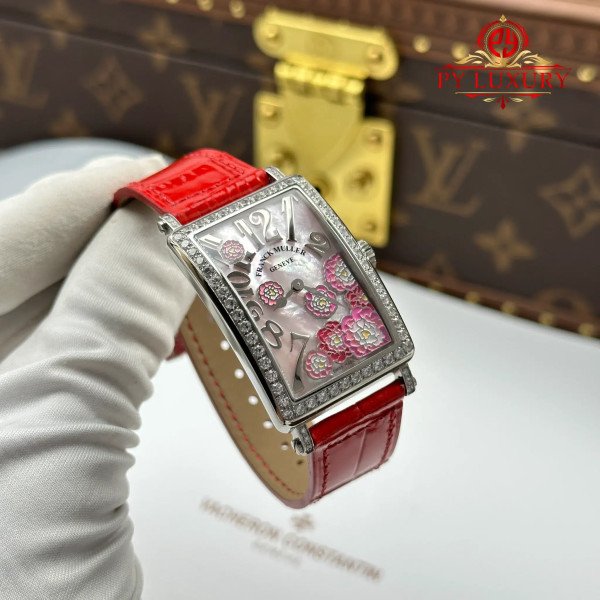 Franck Muller Long Island 952 QZ REL MOP RS D 1R PEONY Red Leather Strap Best Replica 26mm