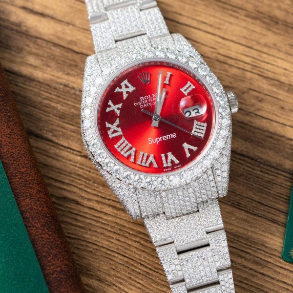 Rolex Datejust Red Roman Dial Iced Out Moissanite Best Replica 41mm