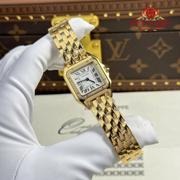 Cartier Panthère Yellow Gold Medium Model Silver Dial Diamond Bezel Best Replica BVF 27mm x 36mm