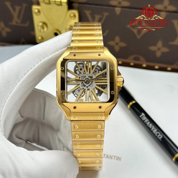 Cartier Santos Skeleton Dial WHSA0042 Yellow Gold Large Model Super Clone 39.8mm