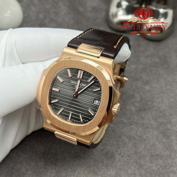 Patek Philippe Nautilus 5711R-001 Grey Dial 1:1 Custom Made Pure 18K Rose Gold Crocodile Leather Strap 40mm