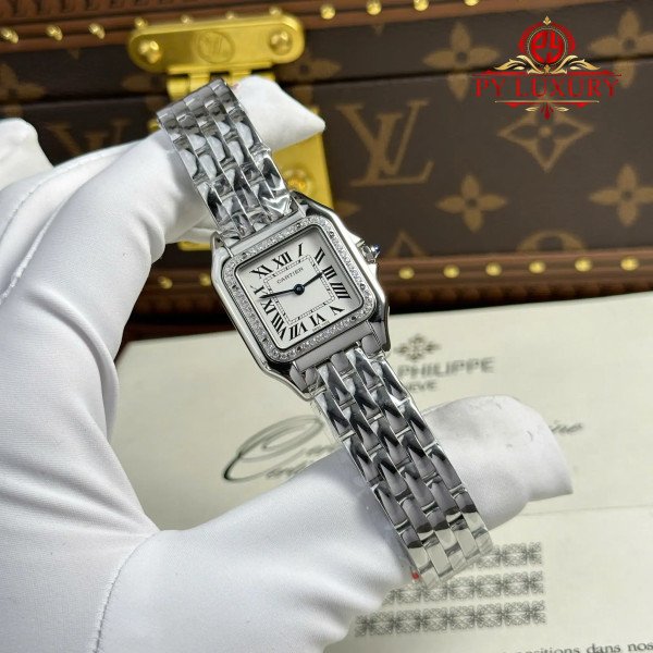 Cartier Panthère Steel Ladies White Dial Diamond Bezel Best Replica 27mm x 36mm