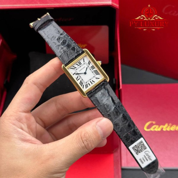 Cartier Tank Solo Large Model W5200004 Yellow Gold Silver Dial Leather Strap Best Copy AF 34.8 x 27.4 mm