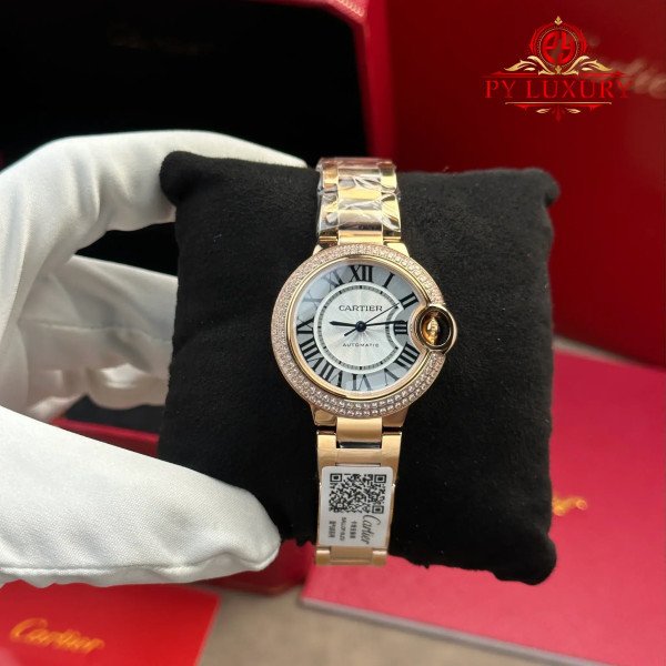 Cartier Ballon Bleu WE902034 Automatic Rose Gold Silver Dial Diamond Bezel Best Replica AF 33mm