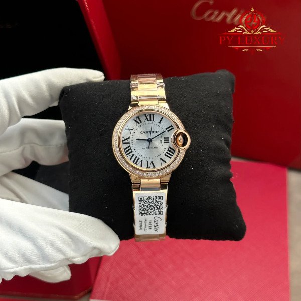 Cartier Ballon Bleu WJBB0063 Automatic Rose Gold Silver Dial Diamond Bezel Best Replica AF 33mm
