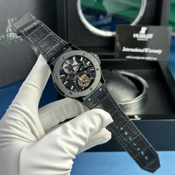 Hublot Big Bang Skeleton Tourbillon Black Ceramic Leather Replica 45mm