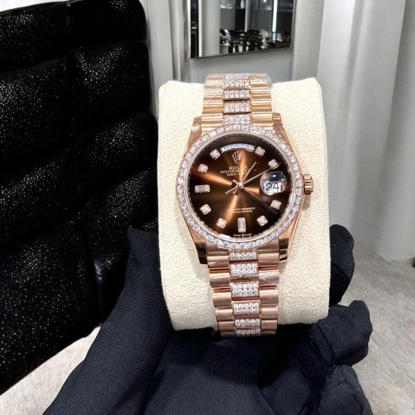 Rolex Day-Date 128345RBR Brown Ombré Diamond Dial 18K Gold Wrapped Custom Moissanite 1:1 Replica 36mm