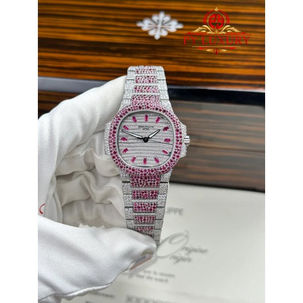 Patek Philippe Ladies Natilus 7118/1452G-001 Iced Out Moissanite & Rubies Best Replica 35.2mm