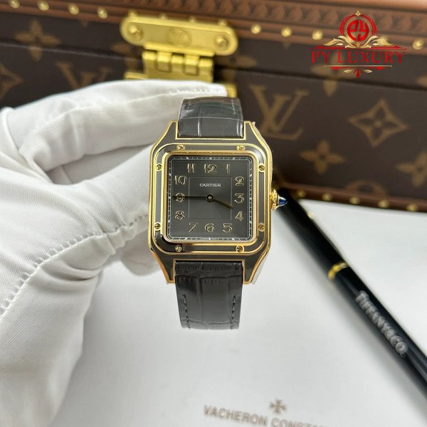 Cartier Santos Dumont LM Yellow Gold Gray Lacquer Grey Dial Quartz Leather Strap Replica AF 31.4mm x 43.5mm