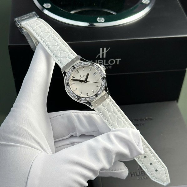 Hublot Classic Fusion Titanium White Dial CZ Stones Bezel Leather Strap Ladies Replica 33mm
