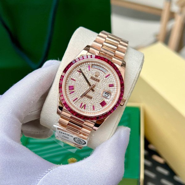 Rolex Day-Date 228398TRU 18K Gold Wrapped Custom Moissanite Dial Ruby Bezel GMF V3 Super Clone 40mm