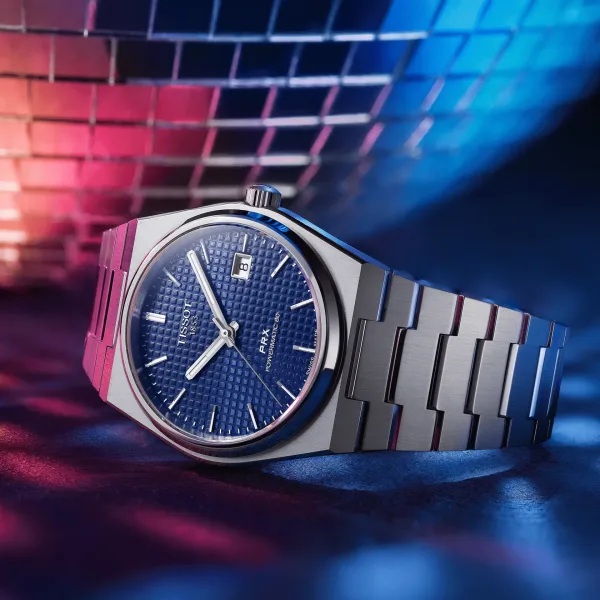 Tissot PRX Powermatic 80 blue dial on integrated steel bracelet watch