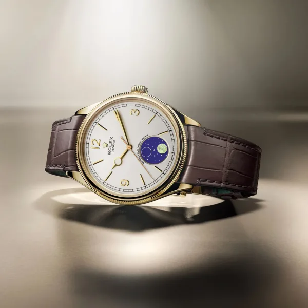 Rolex 1908 Gold Case White Dial with a Moonphase on a leather strap