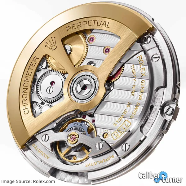Rolex Caliber 7135 movement with 5 Hz frequency and Dynapulse escapement visible