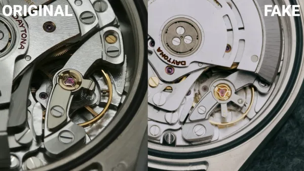 Rolex movement comparison authentic vs clone showing rotor and bridge details