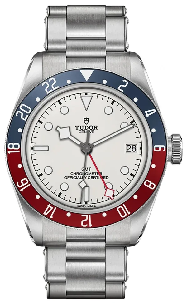 Tudor Black Bay GMT Pepsi ref M79830RB with red and blue bezel on steel bracelet