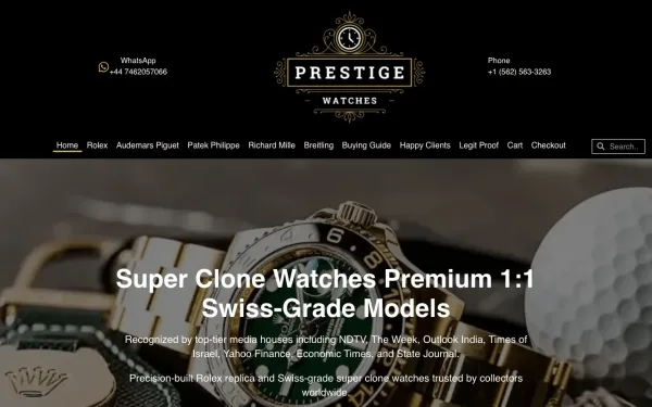 PrestigeWatches.co homepage screenshot showing super clone Rolex catalog