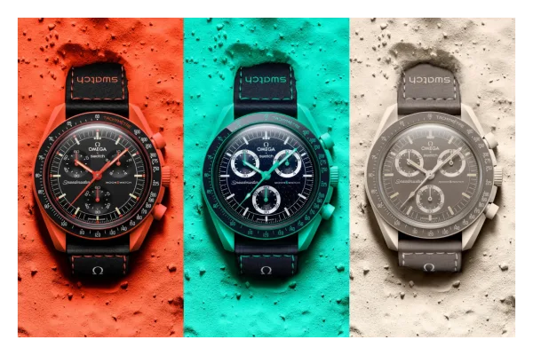 Swatch x Omega MoonSwatch Mission on Earth model showing bioceramic construction and colorful dial design