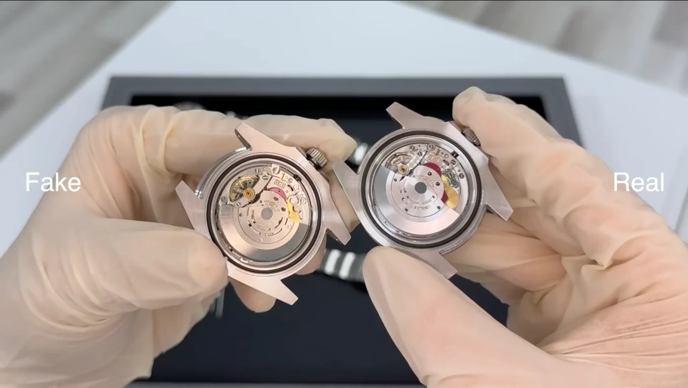 Side-by-side comparison of Submariner movement: super clone (left) vs genuine original (right) showing rotor, bridges, and finishing details