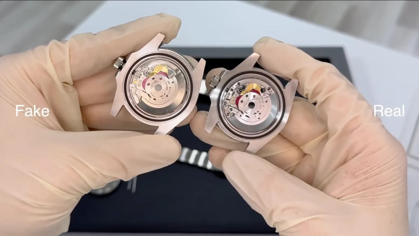 Comparison of Submariner mechanisms: super clone (left) and genuine original (right) with rotor, bridges, and finishing details