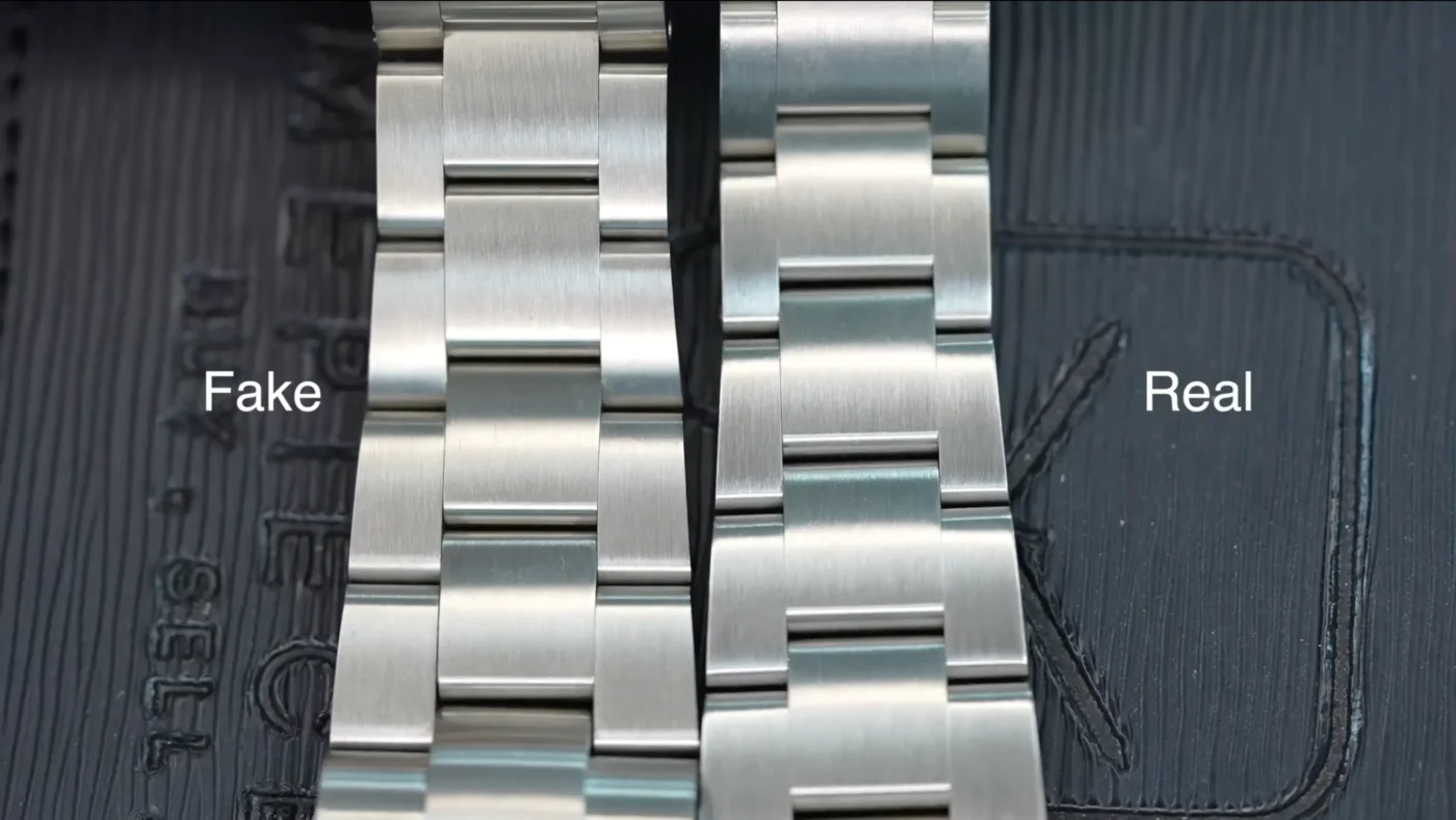 Submariner Oyster bracelet finish comparison: super clone (left) vs genuine original (right) showing brushed and polished surfaces