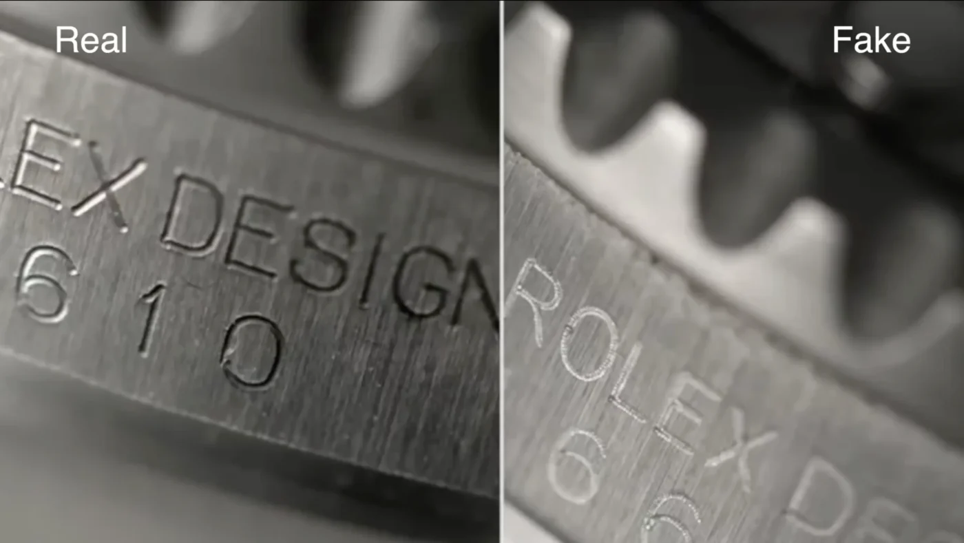 Submariner case engraving comparison at rehaut: genuine original (left) vs super clone (right) highlighting depth, font sharpness, and alignment of text