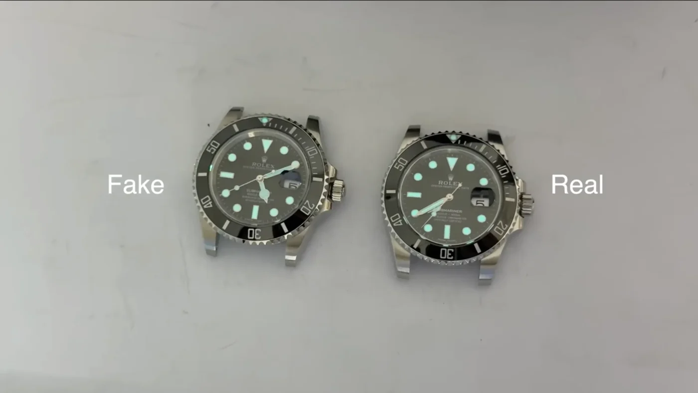 Lume comparison of Submariner markers and hands: super clone (left) vs genuine Chromalight (right) in dark conditions