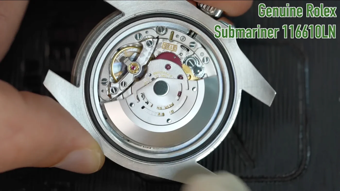 Genuine Submariner Date 116610LN automatic movement close-up with authentic 3135 caliber, finely finished bridges, and engravings