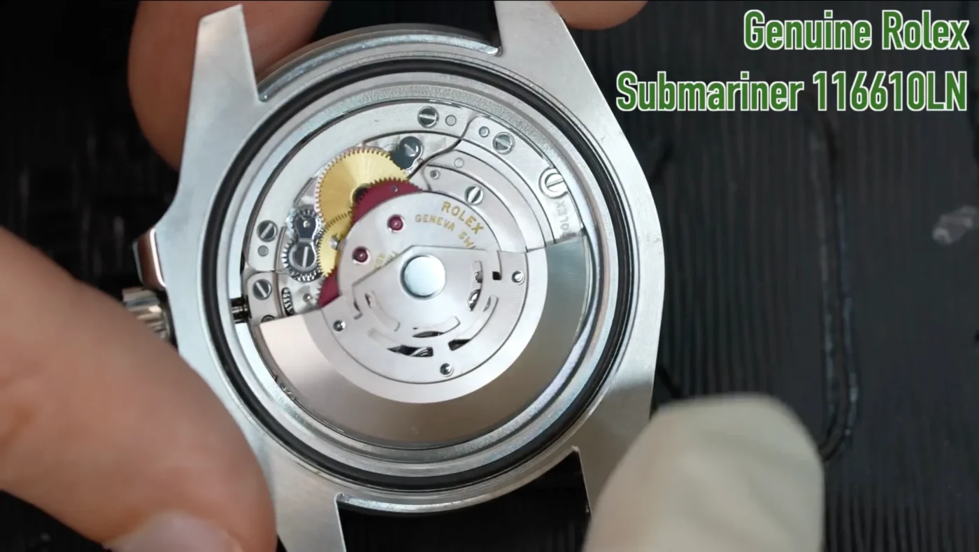Authentic Submariner 116610LN movement close-up showing high-quality finishing, red jewels, and precise bridge decoration on caliber 3135